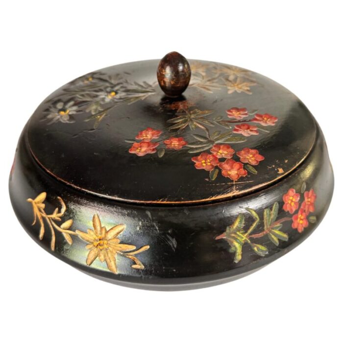 round black wood box painted with flowers france 19th century 2491