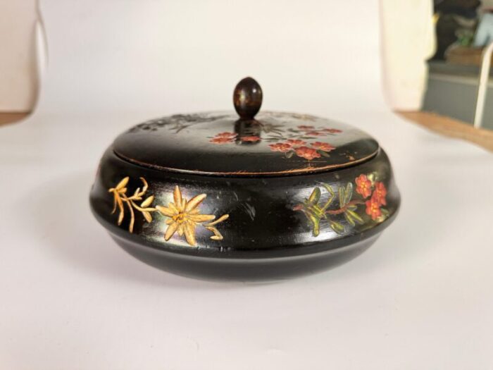 round black wood box painted with flowers france 19th century 4251