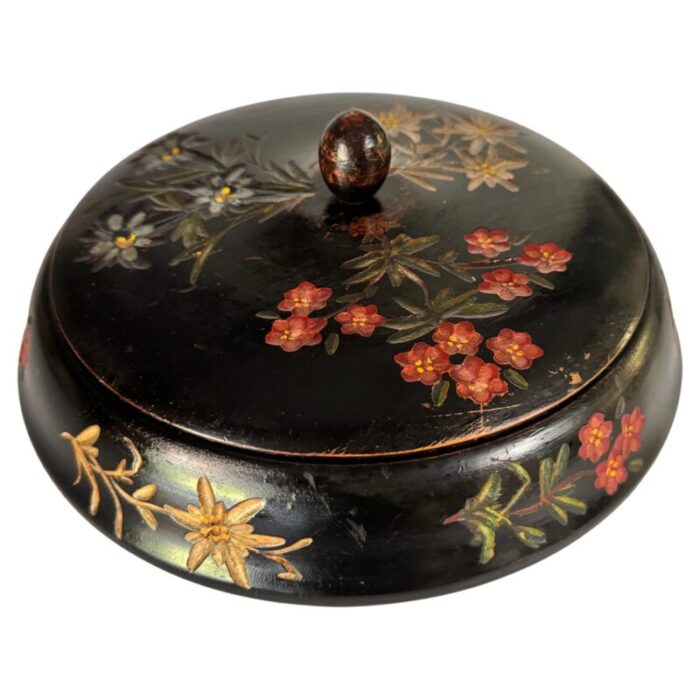 round black wood box painted with flowers france 19th century 6666