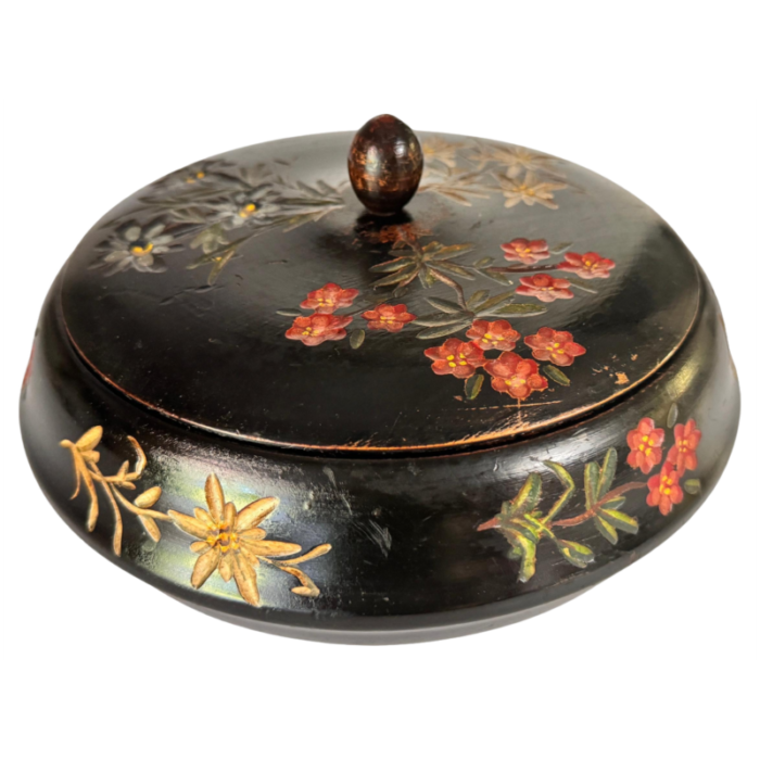 round black wood box painted with flowers france 19th century 7210