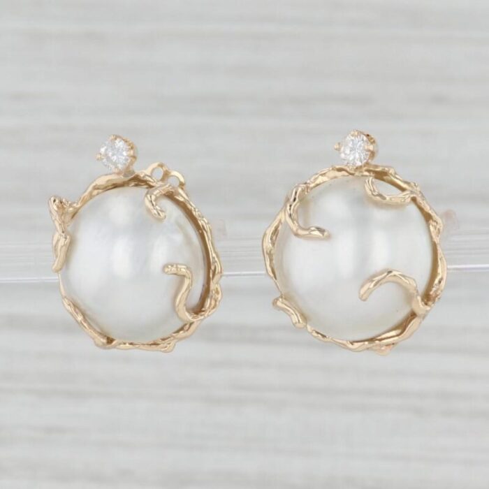 round mabe pearl 020ctw diamond clip on earrings 14k yellow gold non pierced 2 pieces 5632