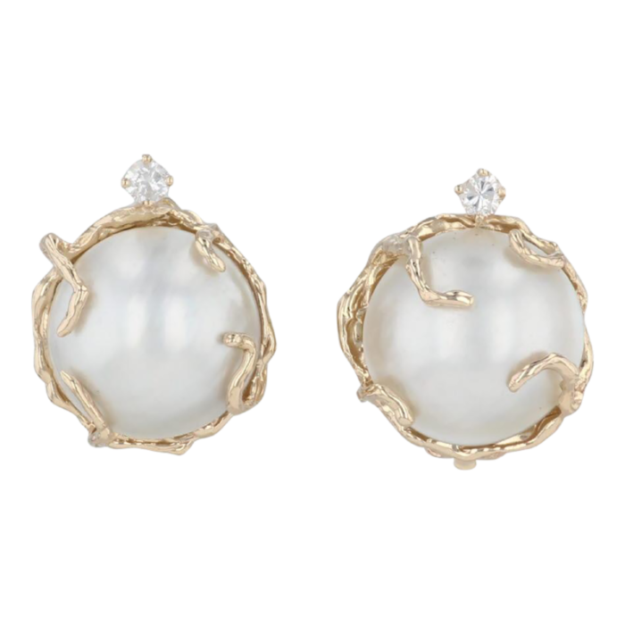 round mabe pearl 020ctw diamond clip on earrings 14k yellow gold non pierced 2 pieces 6620