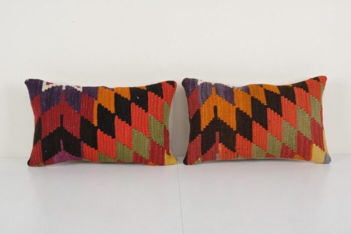 rustic anatolian vintage lumbar kilim cushion with geometric pattern set of 2 1