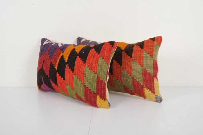 rustic anatolian vintage lumbar kilim cushion with geometric pattern set of 2 2