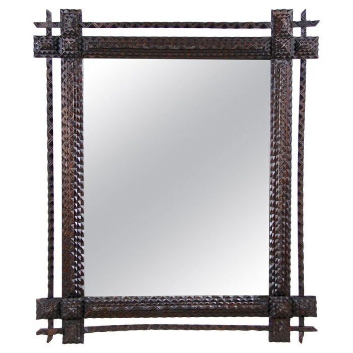 rustic hand carvedtramp art wall mirror 1870s 1