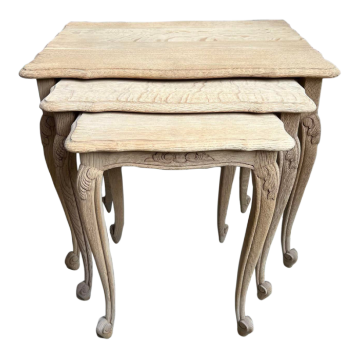 set 3 vintage french nesting tables bleached stripped carved oak side end table 3004