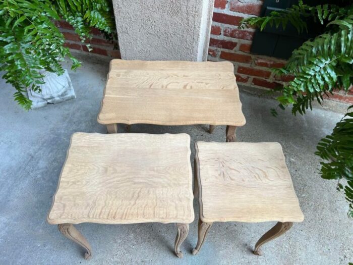 set 3 vintage french nesting tables bleached stripped carved oak side end table 7964