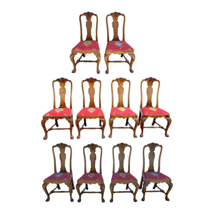 set of 10 englishirish queen anne style walnut upholstered seat dining chairs 2420