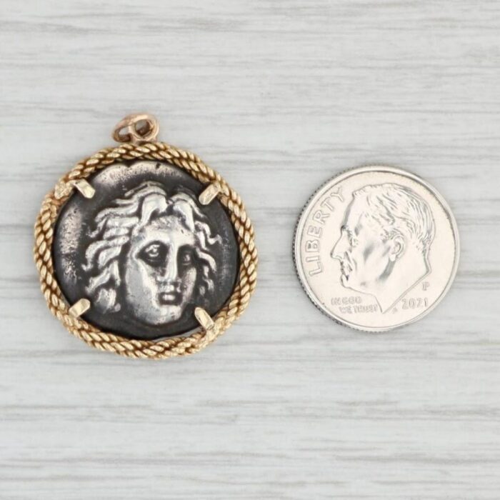 silver ancient coin 14k gold bezel pendant figural flower charm unknown 1418