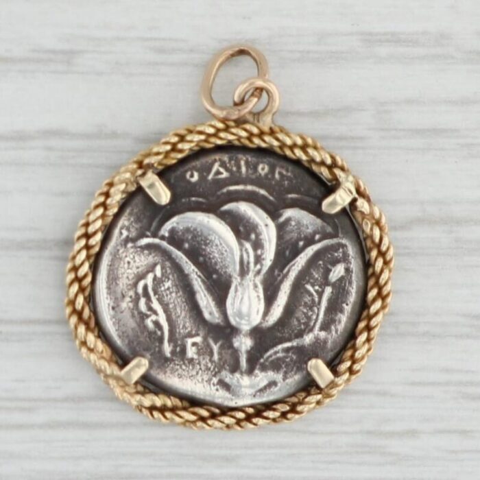 silver ancient coin 14k gold bezel pendant figural flower charm unknown 2233