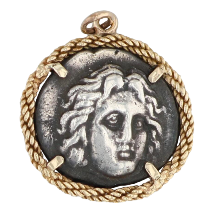 silver ancient coin 14k gold bezel pendant figural flower charm unknown 9533