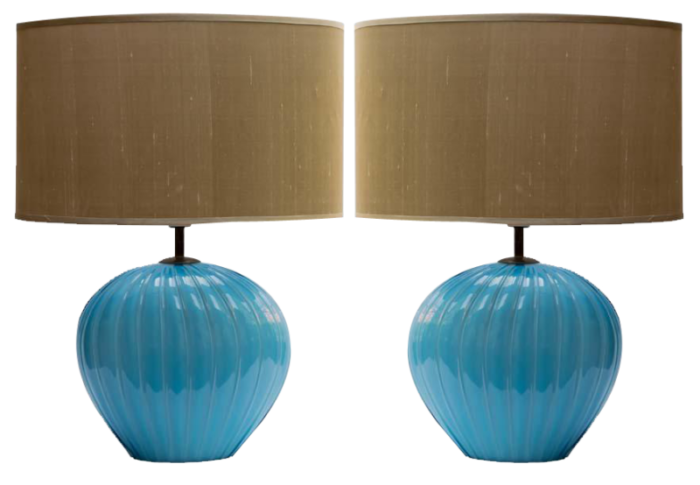 sky blue ribbed barovier murano glass table lamps 1960s set of 2 0928