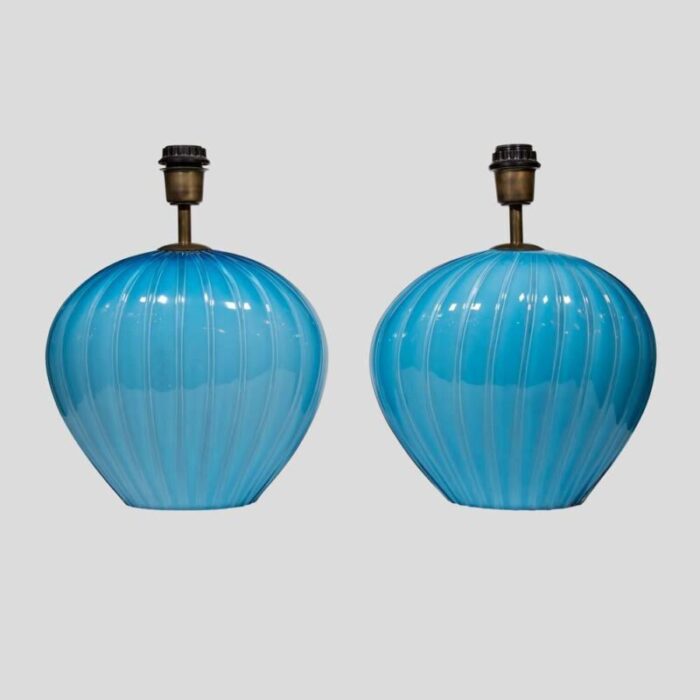 sky blue ribbed barovier murano glass table lamps 1960s set of 2 3746