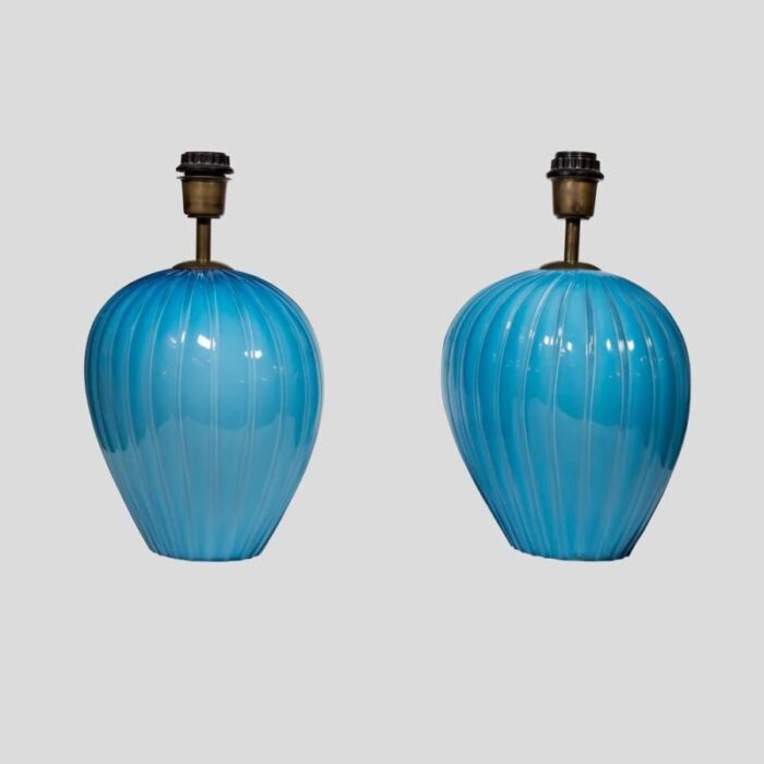 sky blue ribbed barovier murano glass table lamps 1960s set of 2 4142