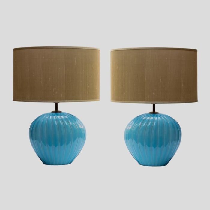 sky blue ribbed barovier murano glass table lamps 1960s set of 2 4631