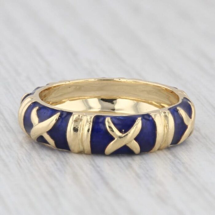 stackable blue enamel x pattern ring 18k yellow gold band size 775 6657