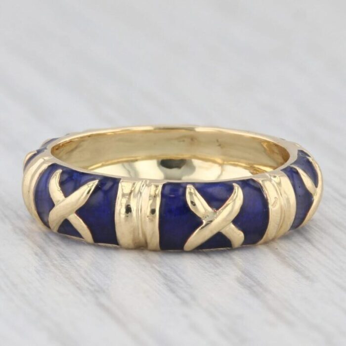 stackable blue enamel x pattern ring 18k yellow gold band size 775 6708