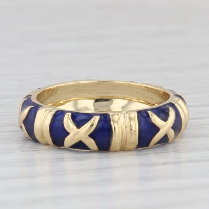 stackable blue enamel x pattern ring 18k yellow gold band size 775 6914