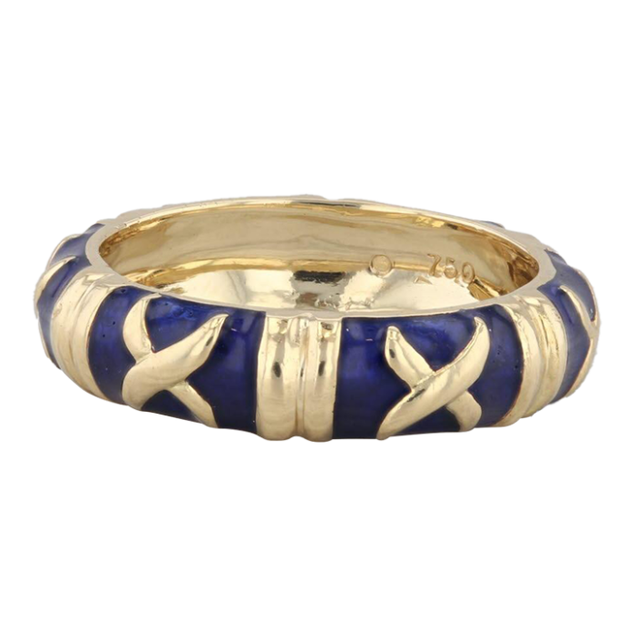 stackable blue enamel x pattern ring 18k yellow gold band size 775 8253