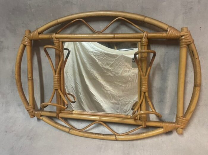 swedish oval mirror coack rack in rattan 1960s 1