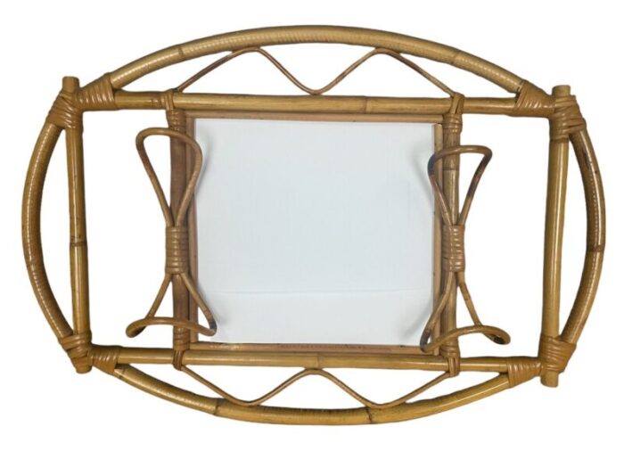 swedish oval mirror coack rack in rattan 1960s 5