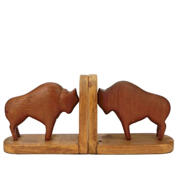 teak and oak buffalo bison bookends 1960s set of 2 1