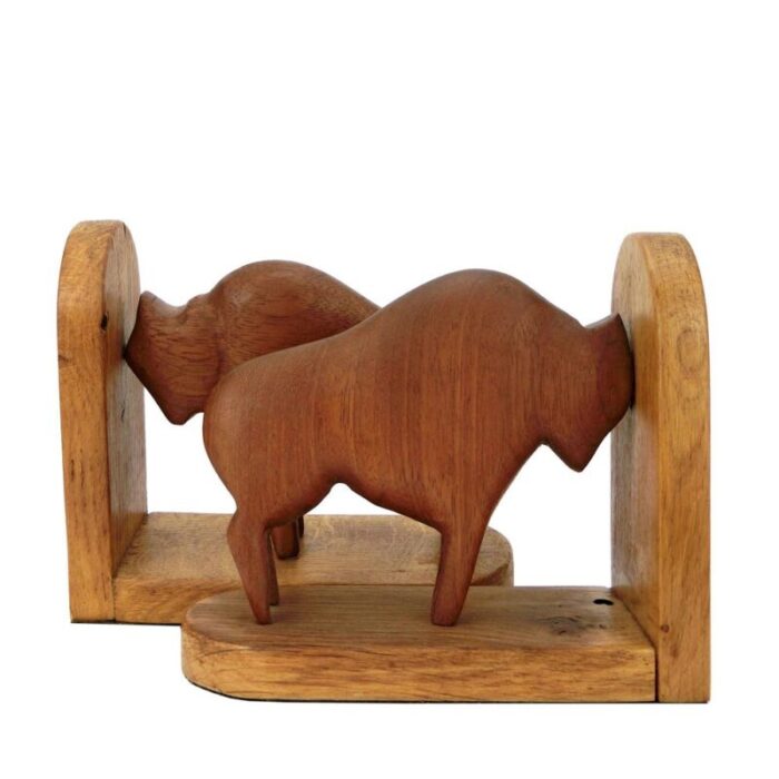 teak and oak buffalo bison bookends 1960s set of 2 2