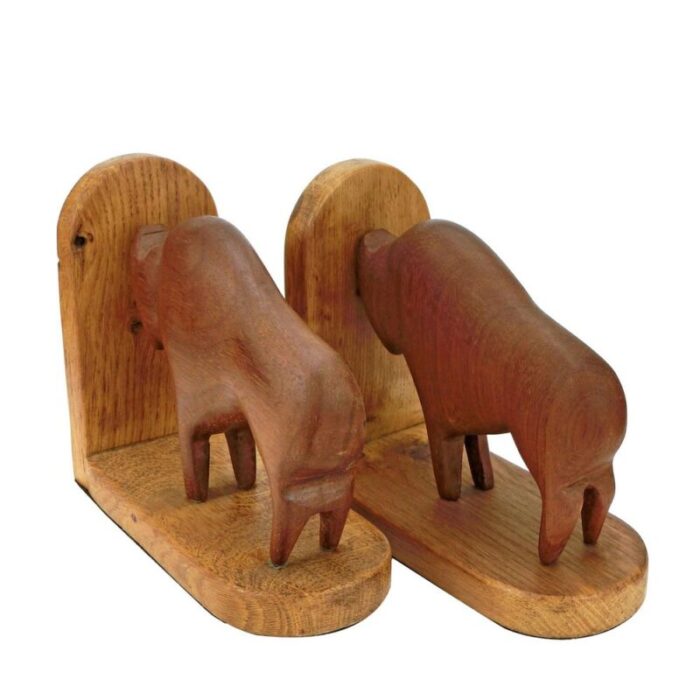 teak and oak buffalo bison bookends 1960s set of 2 3