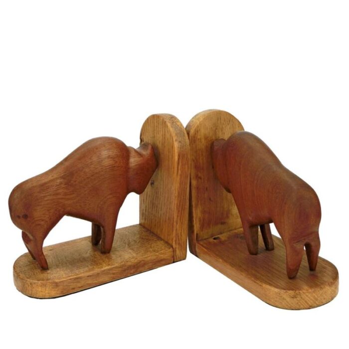 teak and oak buffalo bison bookends 1960s set of 2 4