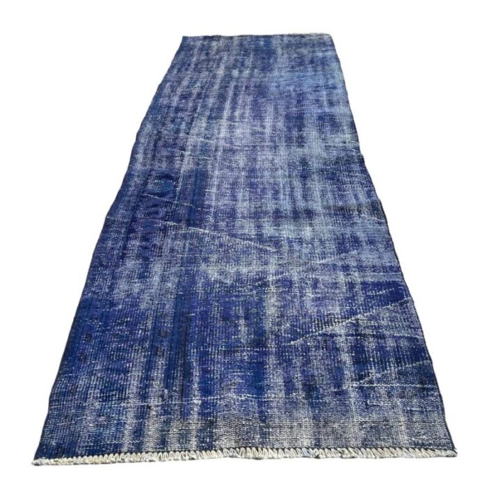 turkish overdyed blue narrow runner rug in wool 1