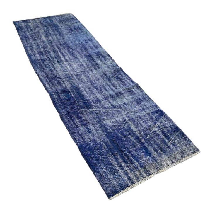 turkish overdyed blue narrow runner rug in wool 2