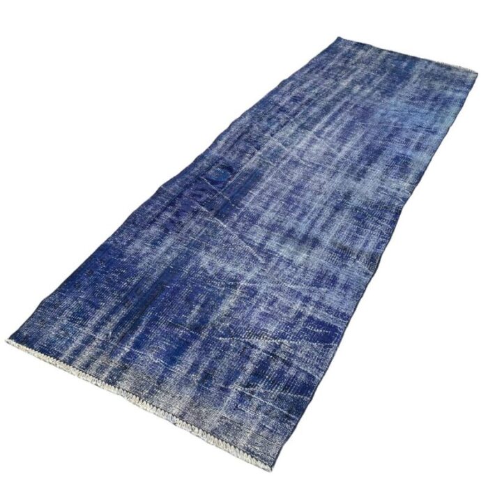 turkish overdyed blue narrow runner rug in wool 4