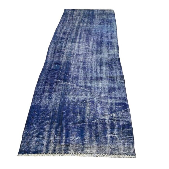 turkish overdyed blue narrow runner rug in wool 5