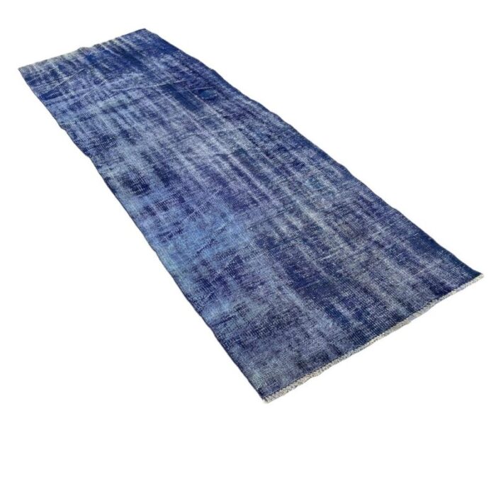 turkish overdyed blue narrow runner rug in wool 6