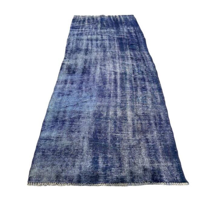 turkish overdyed blue narrow runner rug in wool 7