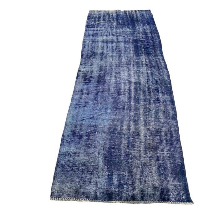 turkish overdyed blue narrow runner rug in wool 9