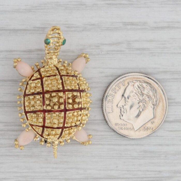 turtle brooch 14k yellow gold coral green chalcedony vintage pin 5360