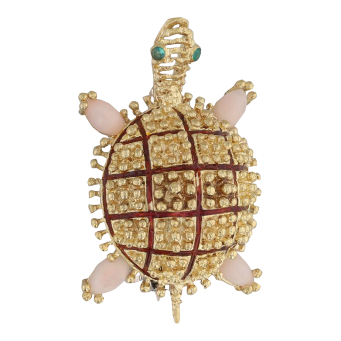 turtle brooch 14k yellow gold coral green chalcedony vintage pin 6175