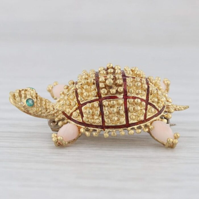 turtle brooch 14k yellow gold coral green chalcedony vintage pin 6343