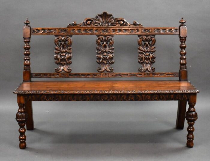 victorian carved oak hall bench 1880 7643