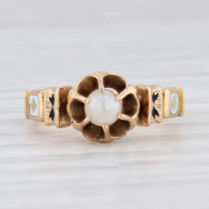 victorian pearl solitaire ring 18k yellow gold size 375 antique enamel floral 9644