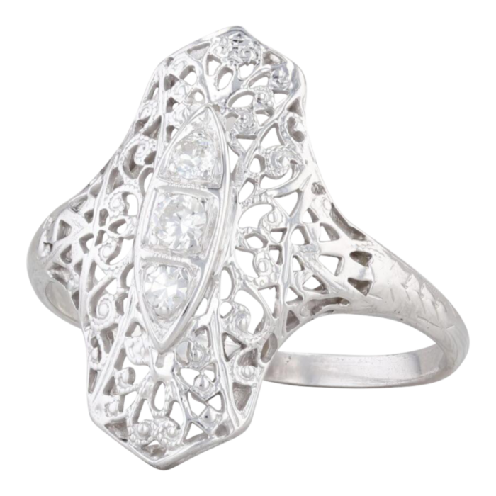 vintage 012ctw diamond 3 stone filigree ring 18k white gold size 95 2587