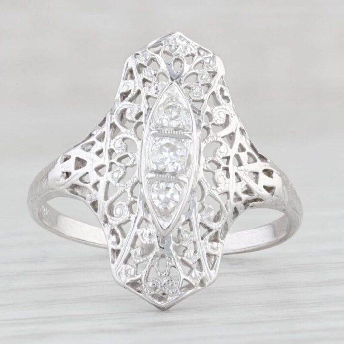 vintage 012ctw diamond 3 stone filigree ring 18k white gold size 95 5817