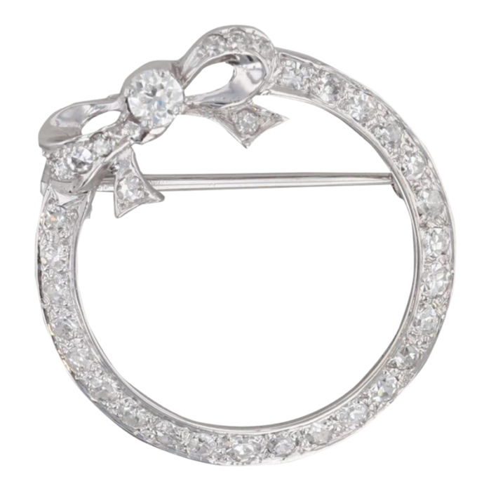 vintage 077ctw diamond circle wreath with bow brooch 14k white gold pin 4970