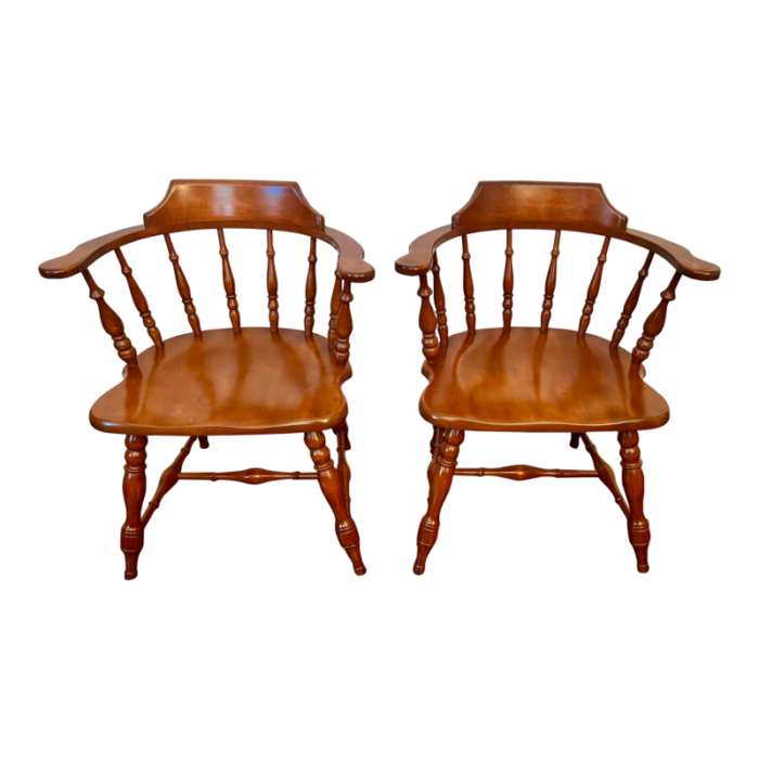 vintage 1960s mid century set of 2 maple wood low back windsor captains chairs 5175