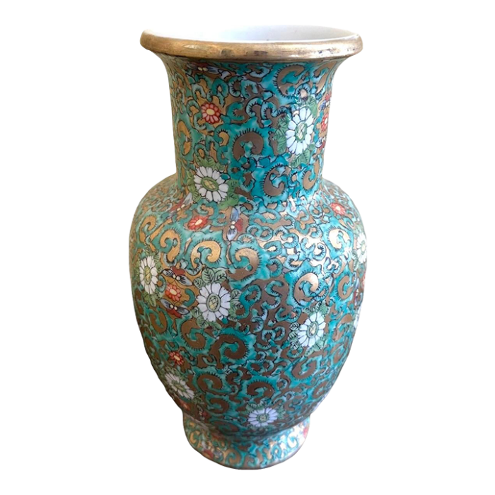 vintage asian chinoiserie hand painted vase with botanical pattern 2329