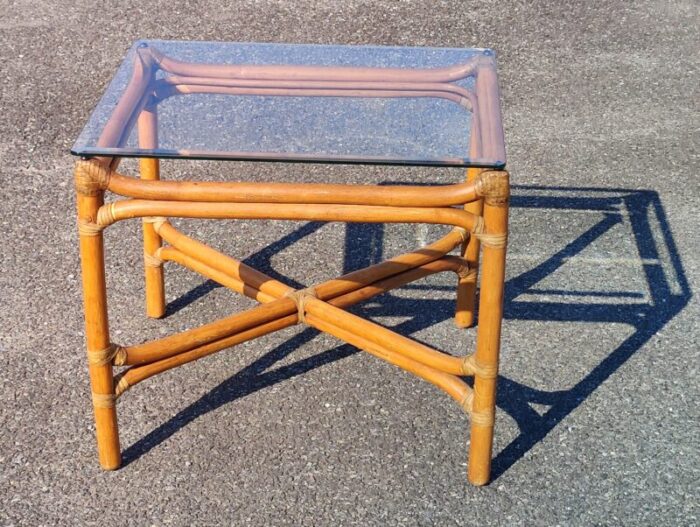 vintage bamboo side table with glass top 0997