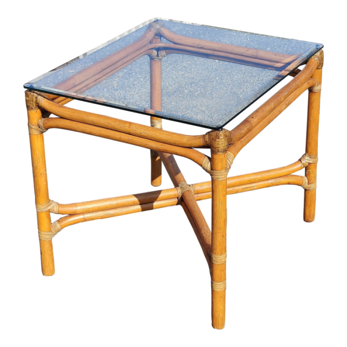 vintage bamboo side table with glass top 6955