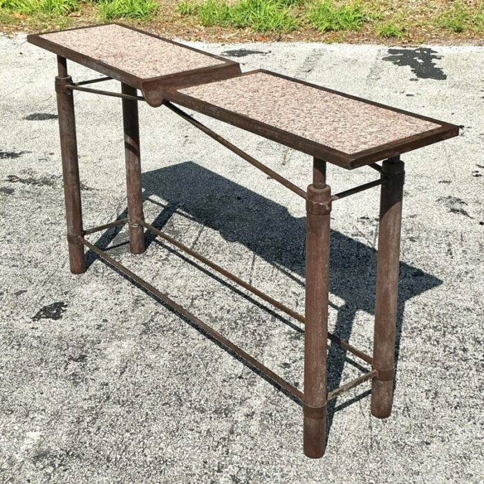 vintage boho signed french granite and patinated metal console table 9282