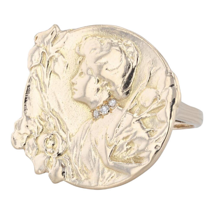 vintage cameo style floral figural female statement ring 14k yellow gold size 8 4850